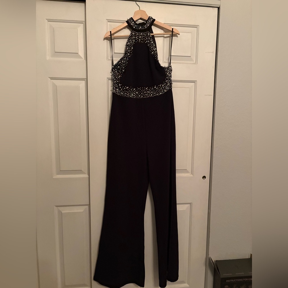 Elegant Black Halter Jumpsuit with Embellishments